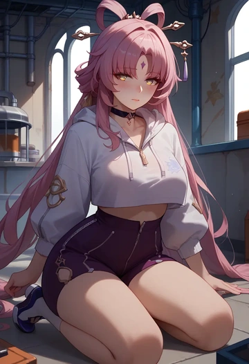 star rail,fu xuan,crop hoodie,shorts  - AI generated anime art